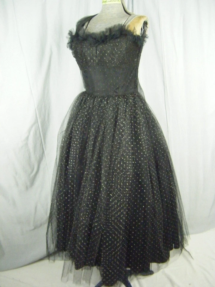 Vintage 50-60s Noir Or Eclats Ruche sans Bretelle Fête Robe A / / Wrap-Bust 31/ - Photo 3/4
