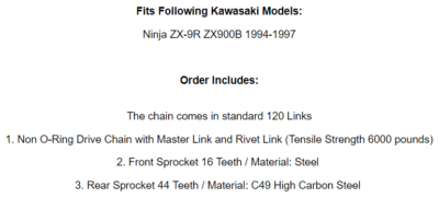 Black Drive Chain And Sprocket Kit for Kawasaki Ninja ZX-9R ZX900B