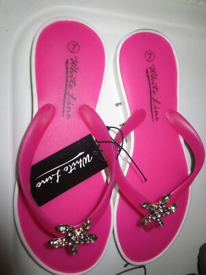 Women's White Line Pink Flip flops W/Star Fish W/Rhinestones