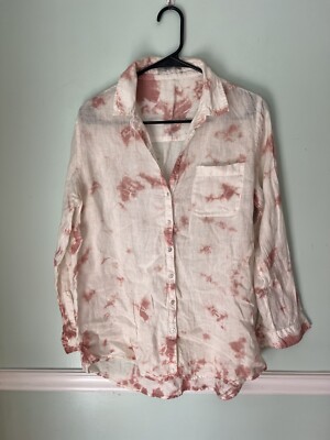 Hand Dyed, Re-Worked, Upcycled Pink  White Tie Dye Linen Roll Sleeve Shirt L
