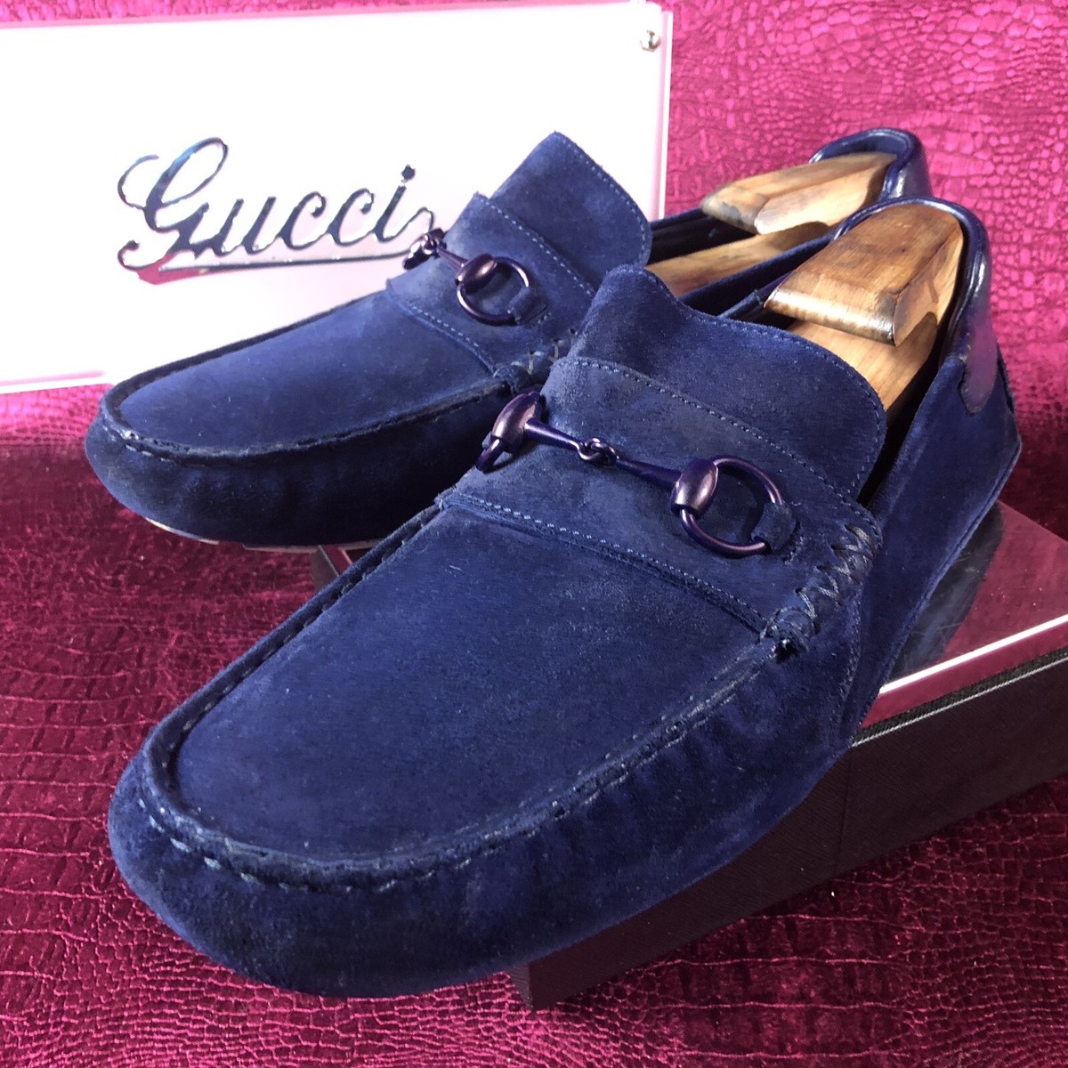 $620 Mens Gucci Blue Suede Horse Bit Loafers Sz 11 G / 12 US  display picture 2