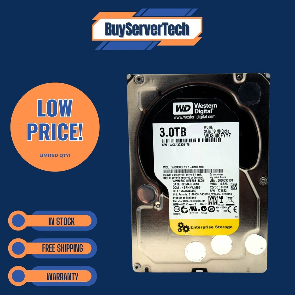 WD RE 3TB 7200RPM 6Gb/s 3.5" SATA HDD WD3000FYYZ 64MB Cache Enterprise Zero Hour - Image 3 of 4