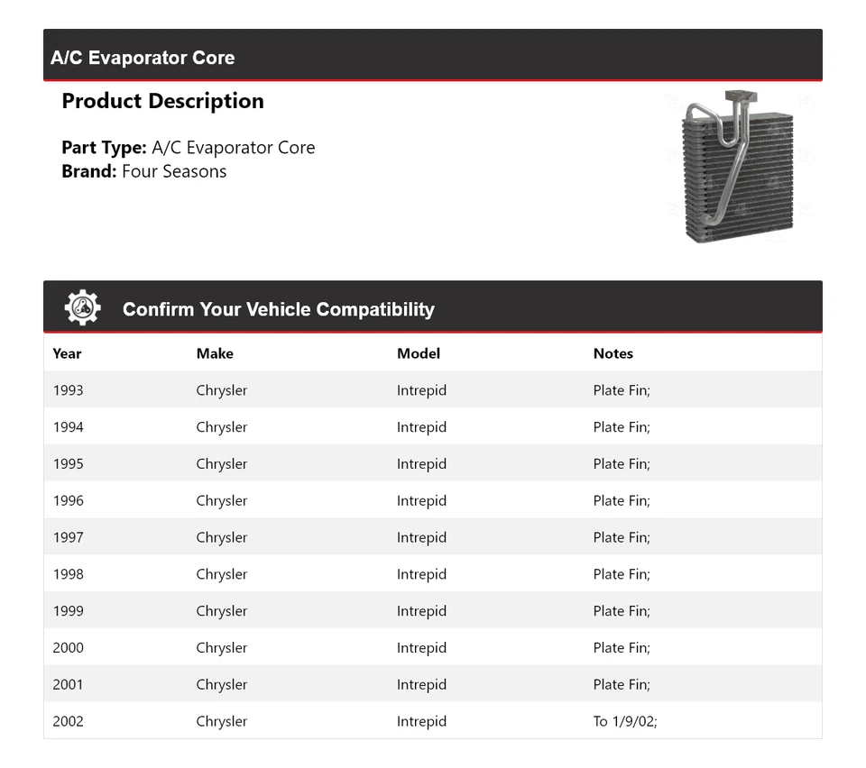 Ядро испарителя кондиционера для Chrysler Intrepid 1993-2002 годов выпуска 4 сезона 1994 1995 1996 - Изображение 2 из 4
