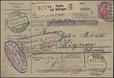 153 Germania 2x 4 M Paketkarte FOCHE bei SOLINGEN 27.11.20 nach Signau/Schweiz