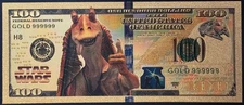 24k Gold Plated Jar Jar Binks Star Wars Banknote Collectible Bill