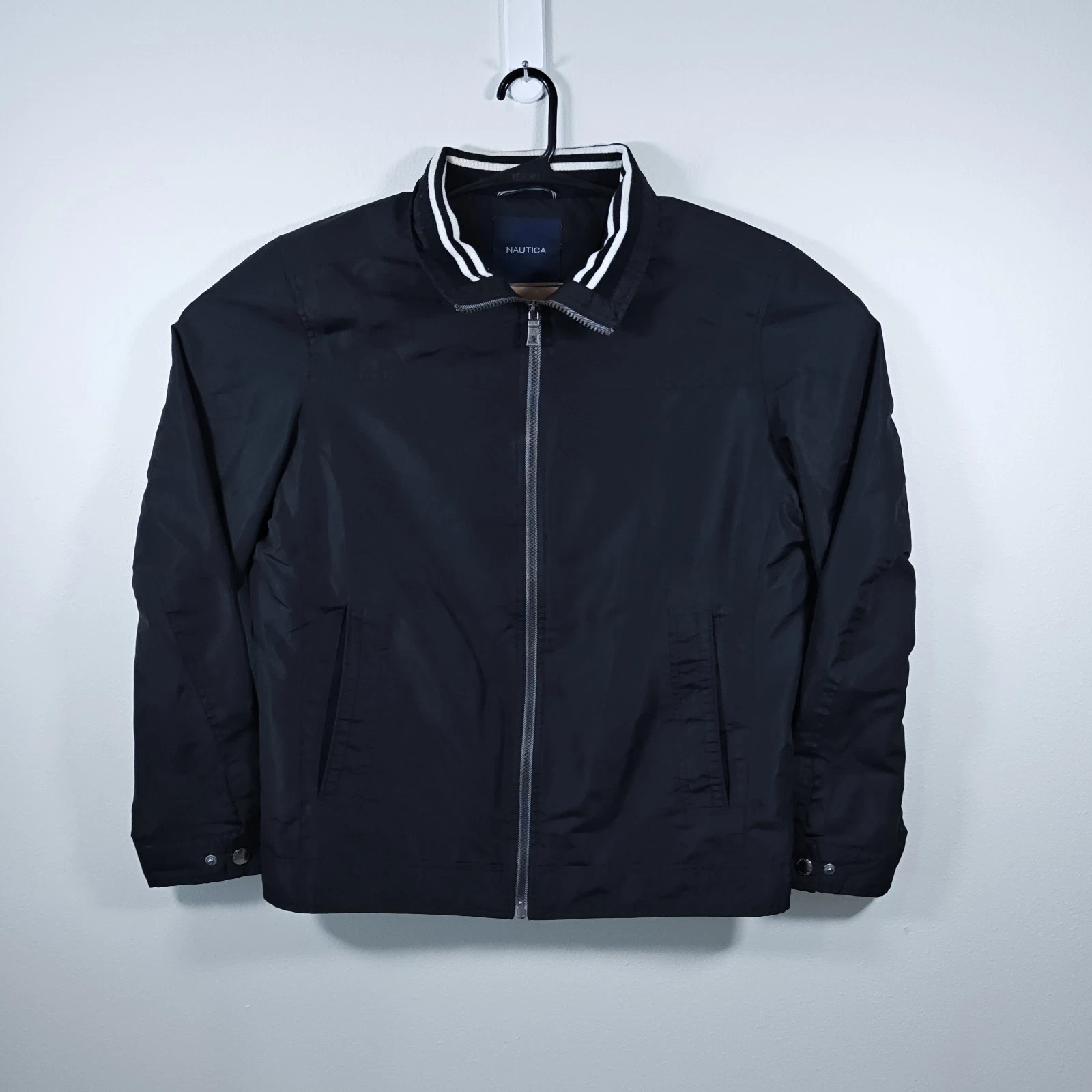Nautica Full Zip Windbreaker Jacket Mens M Black Long Sleeve Mock Neck Pocket