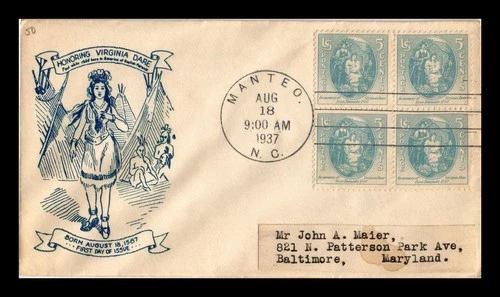 DR JIM STAMPS US COVER VIRGINIA DARE FDC SCOTT 796 BLOCK OF 4 HAND CANCEL