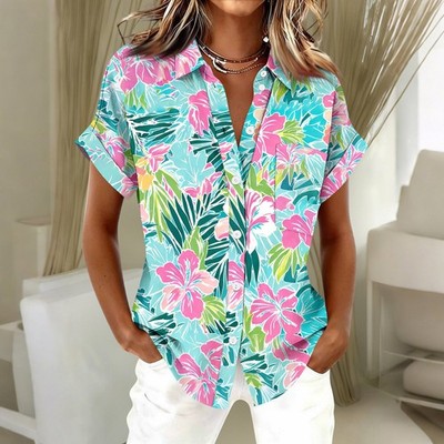 Damen Hawaii Hemd Kurzarm Button Down Shirts Soft Cool Floral Tropic Print Tops
