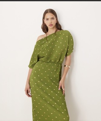 NWT Never Fully Dressed Olive Tilly Gold Fleck Plisse Maxi Off Shoulder Sz 4P