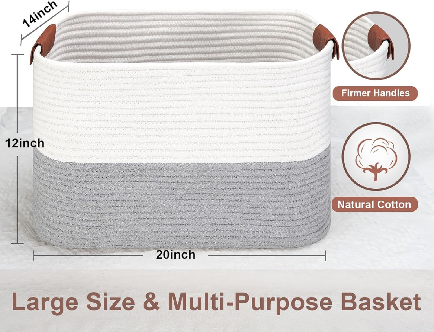 20x14x12 inch Large Gray Cotton Rope Storage Basket with Leather Handles Hamper