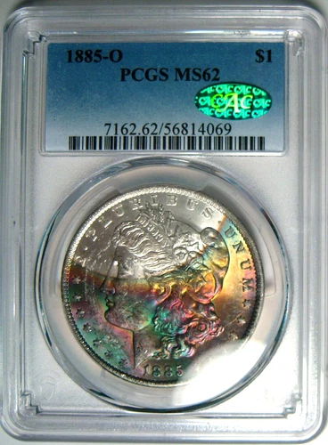1885-O RAINBOW MORGAN DOLLAR PCGS MS62 CAC COLORFUL OBVERSE CRESCENT TONER *