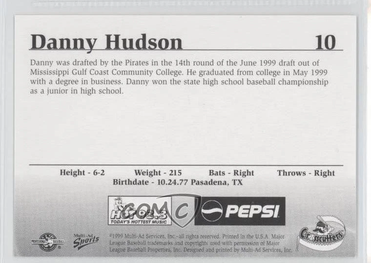 1999 Multi-Ad Sports Williamsport Crosscutters Danny Hudson #10 - Image 2 of 2