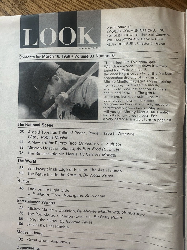 Look Magazine March 18 1969 John Lennon & Yoko Ono Mickey Mantle VINTAGE (VTG) - Image 3 of 3