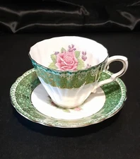 Vintage Gladstone Cabbage Rose Teacup & Saucer With Green & Gold Trim