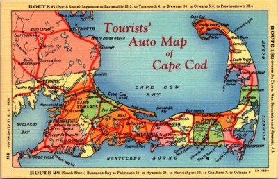 Postcard Route 6, 28, 132 Tourists' Auto Map Of Cape Cod Massachusetts Unposted