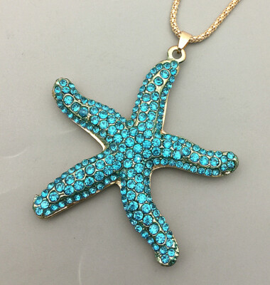 Women's Blue Crystal Rhinestone Sea Starfish Pendant Fashion Necklace