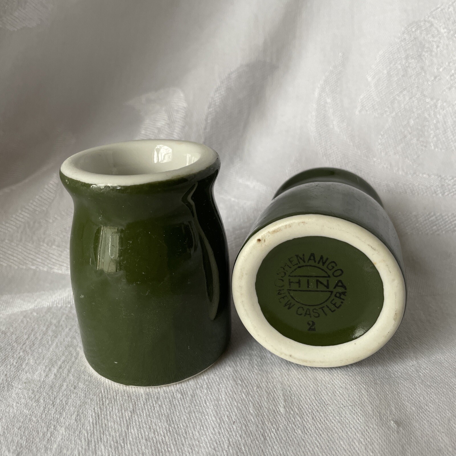 2 Vintage SHENANGO CHINA Green Individual Creamers Bottles Restaurant