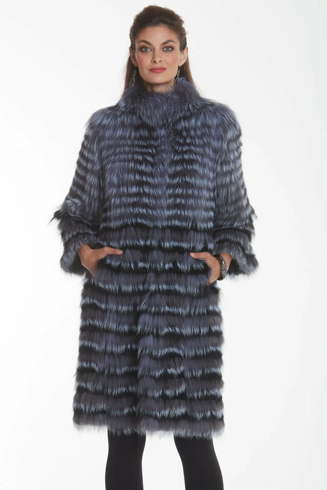 Abrigo de zorro negro plateado natural genuino real talla grande Foto 3 de 4