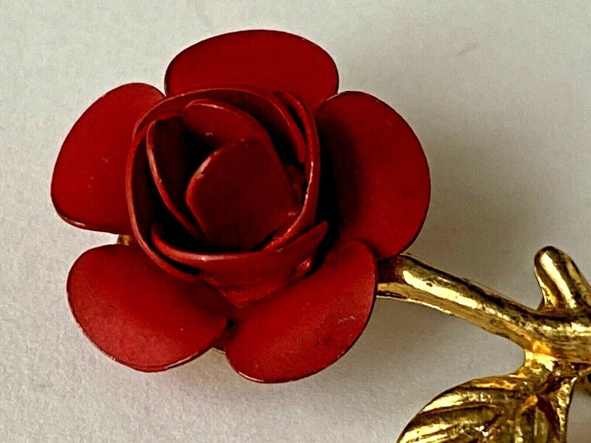 Broche Vintage Rose Rouge Et Dorée - 3,9 Cm - Très Jolie Petite Broche, Origine France