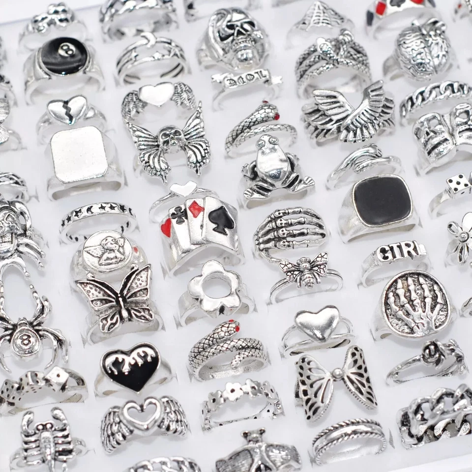 Wholesale 100 Antique Silver Mixed Vintage Rings Bulk Metal Gothic Jewelry Lots - Image 4 of 4