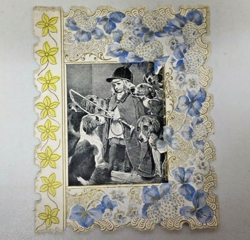 Vintage 1903 Die Cut Floral Embossed Valentine Greeting Card Girl with Dogs 6035