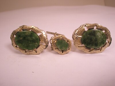 Genuine Green Jade Stone Quality Vintage DANTE Cuff Links & Tie Bar Clip