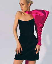 Exaggerated Puff Sleeve One Sleeve Shoulder Bodycon Dress Colour Block Strapless