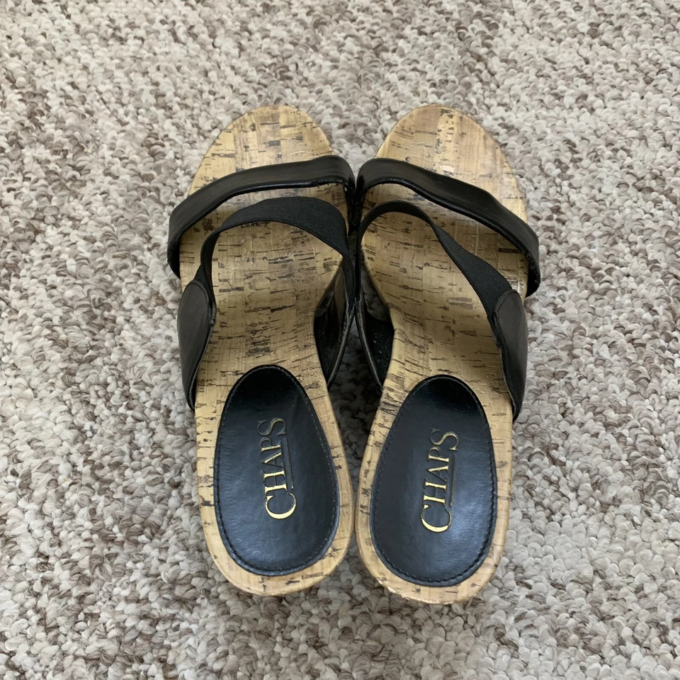 Sandalias sin cordones Chaps para mujer 7,5 negras corcho cama plataforma cuña tacón zapatos formales Foto 4 de 4