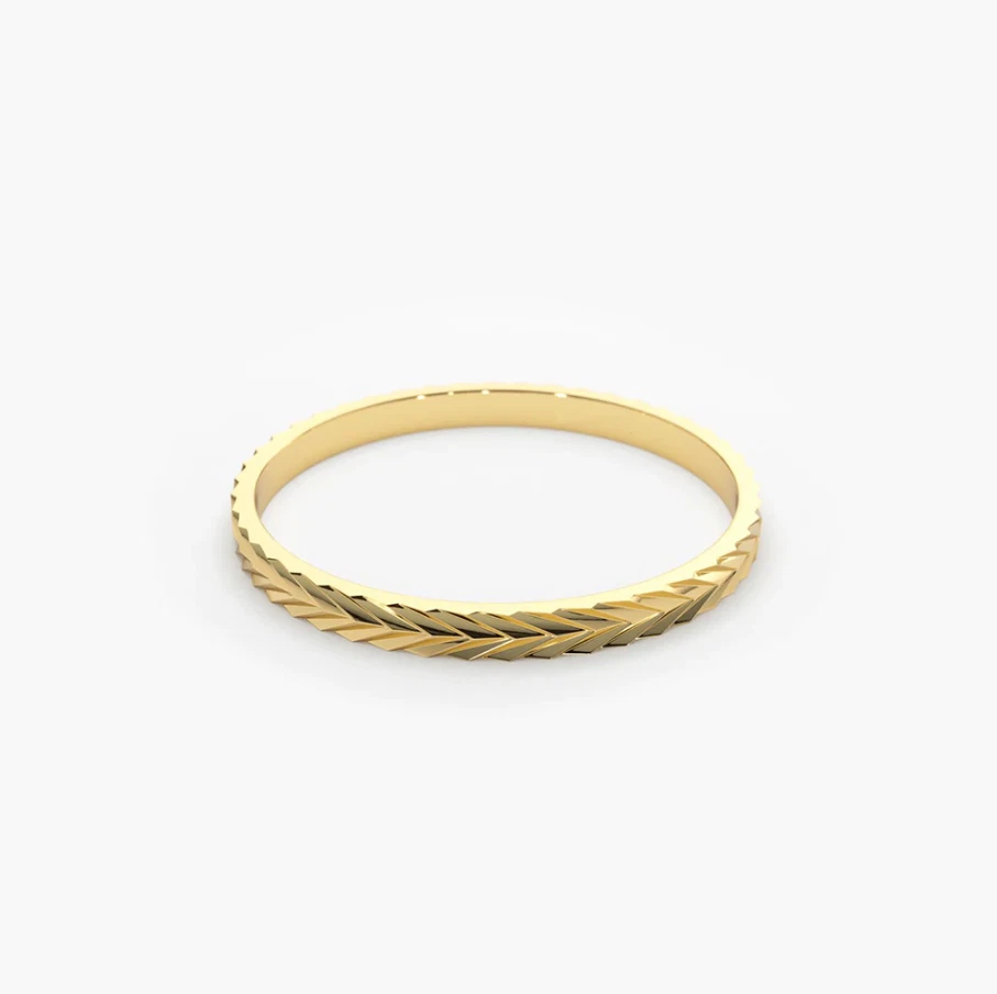 Damen Gold Ring 585 14K Gelb Gold Chevron Band Stil mit Prägung Fischgrätmuster - Bild 3 von 4
