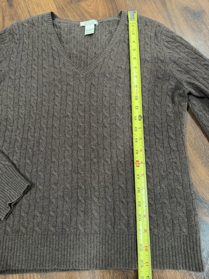 Tweeds 100% Cashmere Sweater L Brown Heather Pullover Cable Knit V-Neck - Image 3 of 4