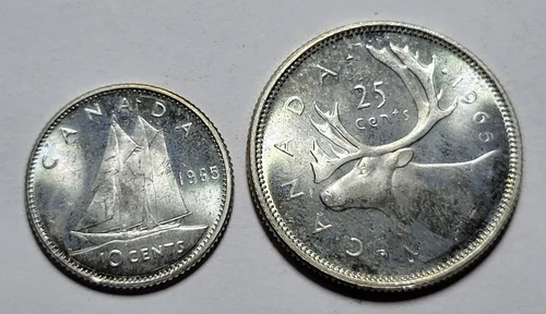 1965 CANADA 10c + 25c Cents Silver 2-Coin Set ~High Grade BUnc ~ProofLike Appeal