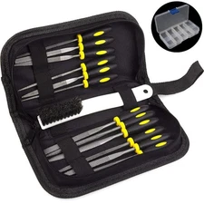 File Kit 12 Assorted Small Metal Needle Files Set with Bristle Brush and Hand St