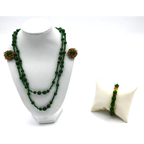 Signed Miriam Haskell Green Glass Bead Set Necklace Bracelet Earrings Vtg