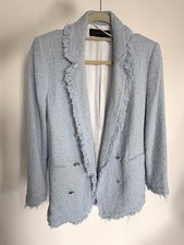 Zara Woman Blue Tweed Blazer Fringe Pearl Buttons Size S
