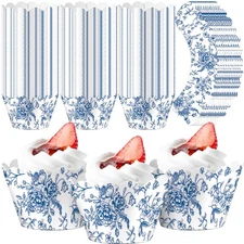 100 Pcs Blue Floral Cupcake Wrappers Rustic Cupcake Liners Baking Cups Baking...