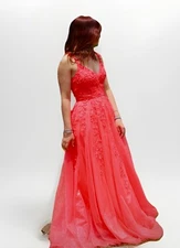 YMSHA Women’s V Neck Prom Dress Long Coral Sparkly Lace -SIZE 4-