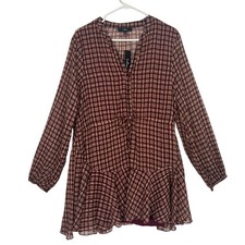 Lulus Plaid Mini Dress Burgundy Gingham Long Sleeve Boho Tiered Academia Large