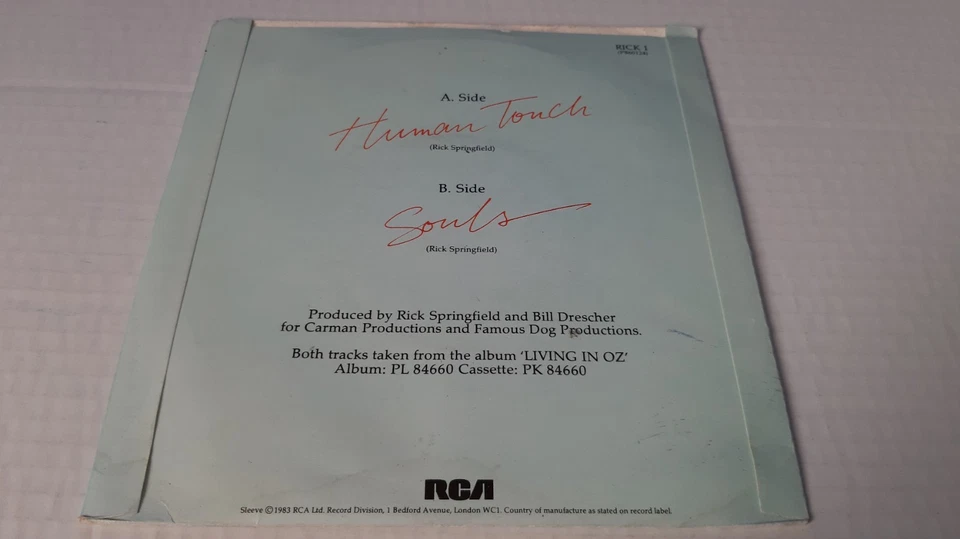 RICK SPRINGFIELD - HUMAN TOUCH - 7 INCH VINYL RECORD USED - Image 3 of 4