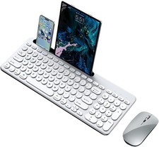 Silver White Wireless Keyboard and Mouse Combo with Phone Tablet Holder