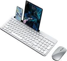 Silver White Wireless Keyboard and Mouse Combo with Phone Tablet Holder