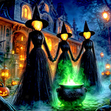 6 FT Set of 3 Light-Up Witches with Stakes, Outdoor Halloween Yard Decor