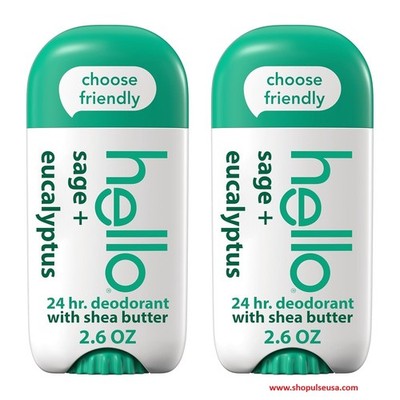 2 Pack Hello Sage and Eucalyptus Aluminum Free Deodorant 2.6 oz Each