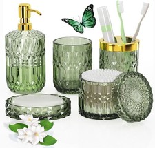 Green Glass Bathroom Accessories Set 5 Pcs, Green Bathroom Set, Soap Dispenser