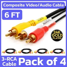 4 Pack 3-RCA Composite Cable 6ft A/V Cord Yellow Red White for TV DVD VCR Player