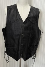Genuine Leather Black Side Lace Up Motorcycle Vest Men  s 46 Snap Front Biker New