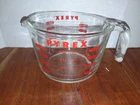 VINTAGE PYREX CLEAR GLASS RED PRINT 1-QT./4 CUP OPEN HANDLE MEASURING CUP