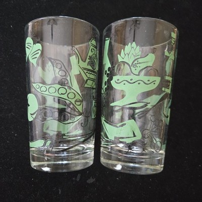 Pair Vintage MCM Libbey? Green 5in Glass vegetables cooking food peas wine lamb 