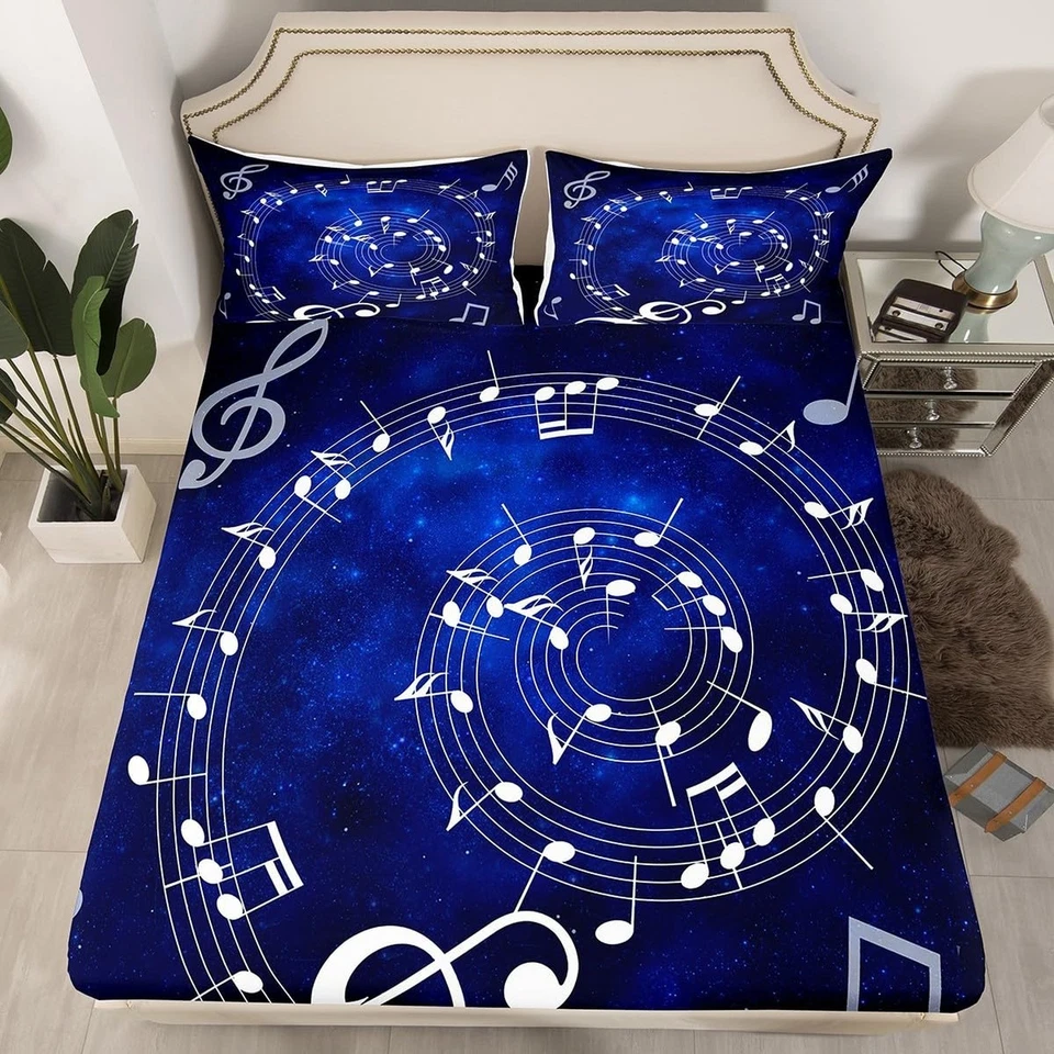 Juego de sábanas ajustables Music Note Swirl para niños niños niñas azul cielo estrellado... Foto 4 de 4
