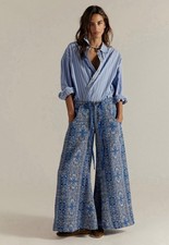 Free People Dahlia Wide Leg Pants Tie Jacquard Textured Print Blue Combo 4 NWT