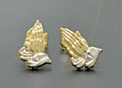 10K Solid Yellow Two Tone Diamond Cut Gold Praying Hands  10kt Yellow Gold Diamond Praying Hands Stud Earrings display picture 1